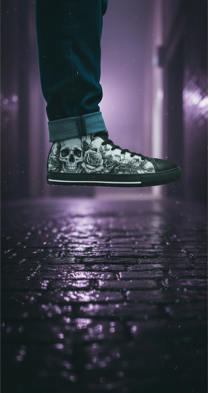 Freaky Shoes® women's gothic high top canvas sneakers featuring a grey skull and rose print on a dark street background