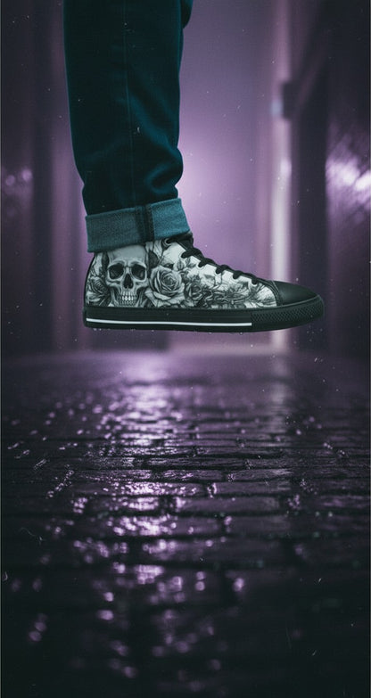 Freaky Shoes® women's gothic high top canvas sneakers featuring a grey skull and rose print on a dark street background