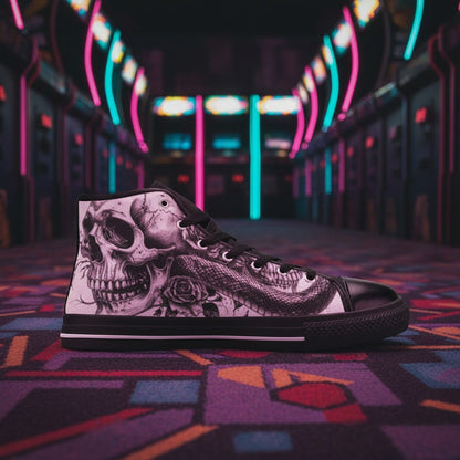 Custom Men's Dark Gothic Rose Art Skull high-top canvas shoes with bold all-over art — Freaky Shoes