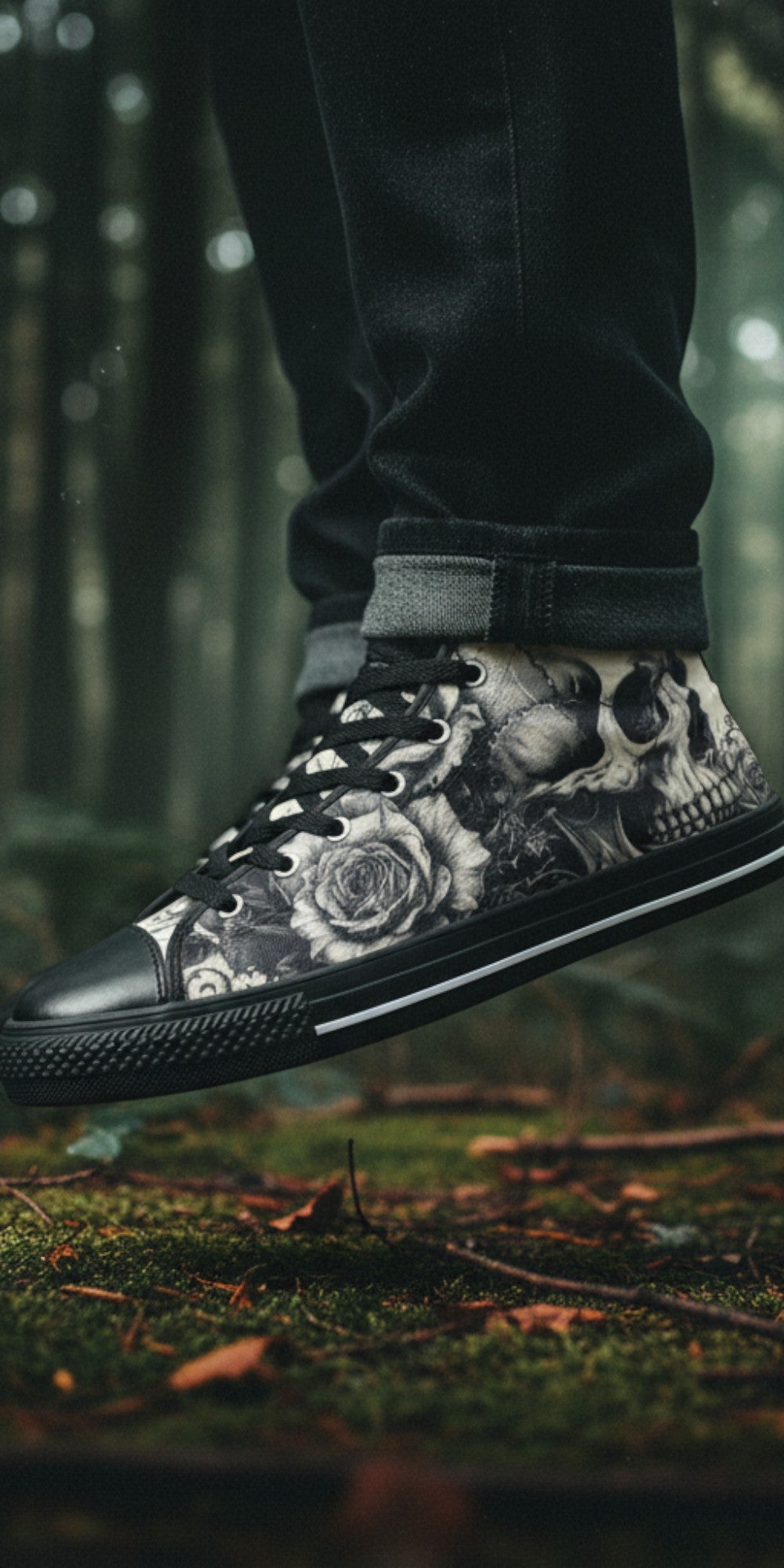 Freaky Shoes® gothic high top canvas sneakers featuring a black and white skull and rose print in a forest setting.