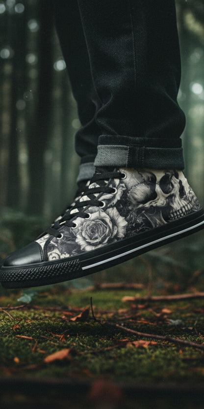 Freaky Shoes® gothic high top canvas sneakers featuring a black and white skull and rose print in a forest setting.