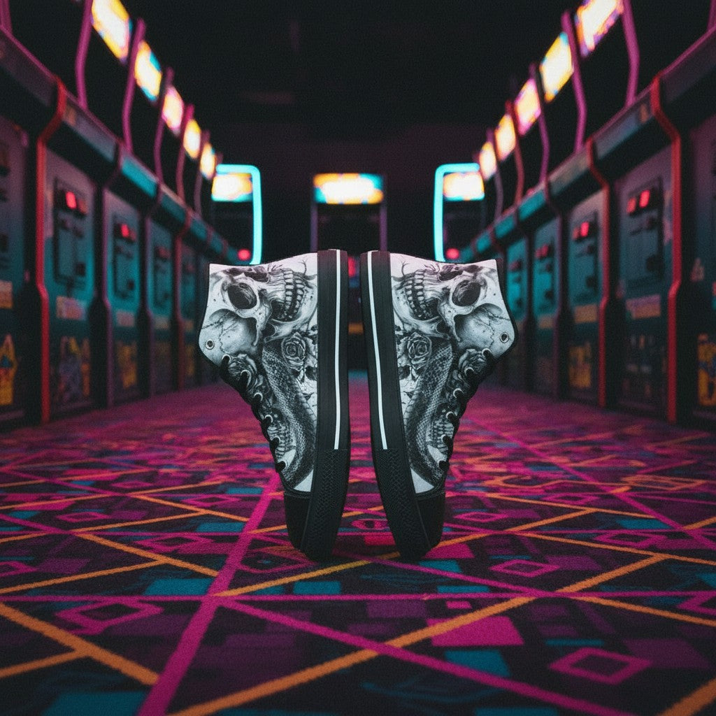 Men's Dark Gothic Rose Art Skull custom high-top canvas shoes — wearable art by Freaky Shoes