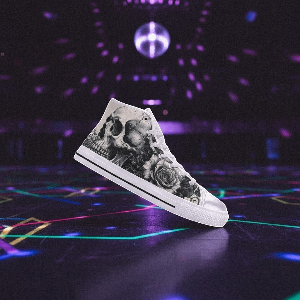 Women's Gothic Skull Art Dark Rose Collection high-top canvas shoes, custom full-wrap printed design — Freaky Shoes