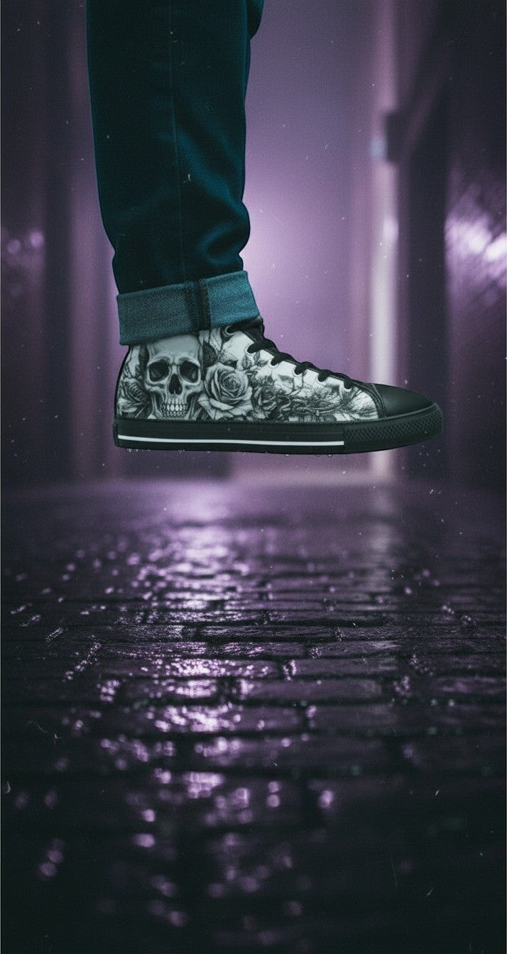 Women's Grey Skull & Roses Gothic hand-made high-top canvas shoes — unique wearable art by Freaky Shoes