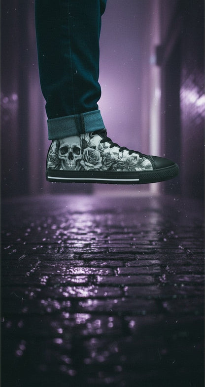Women's Grey Skull & Roses Gothic hand-made high-top canvas shoes — unique wearable art by Freaky Shoes