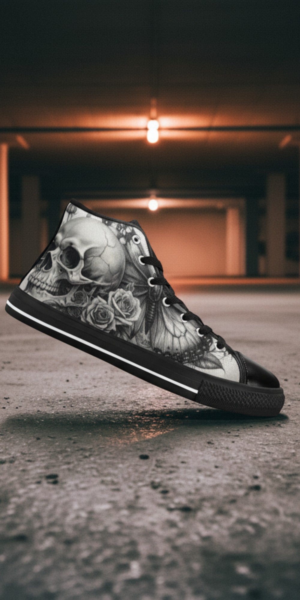 Women's Grey Gothic Rose Skull Dark Art high-top canvas shoes — one-of-a-kind custom printed art, Freaky Shoes