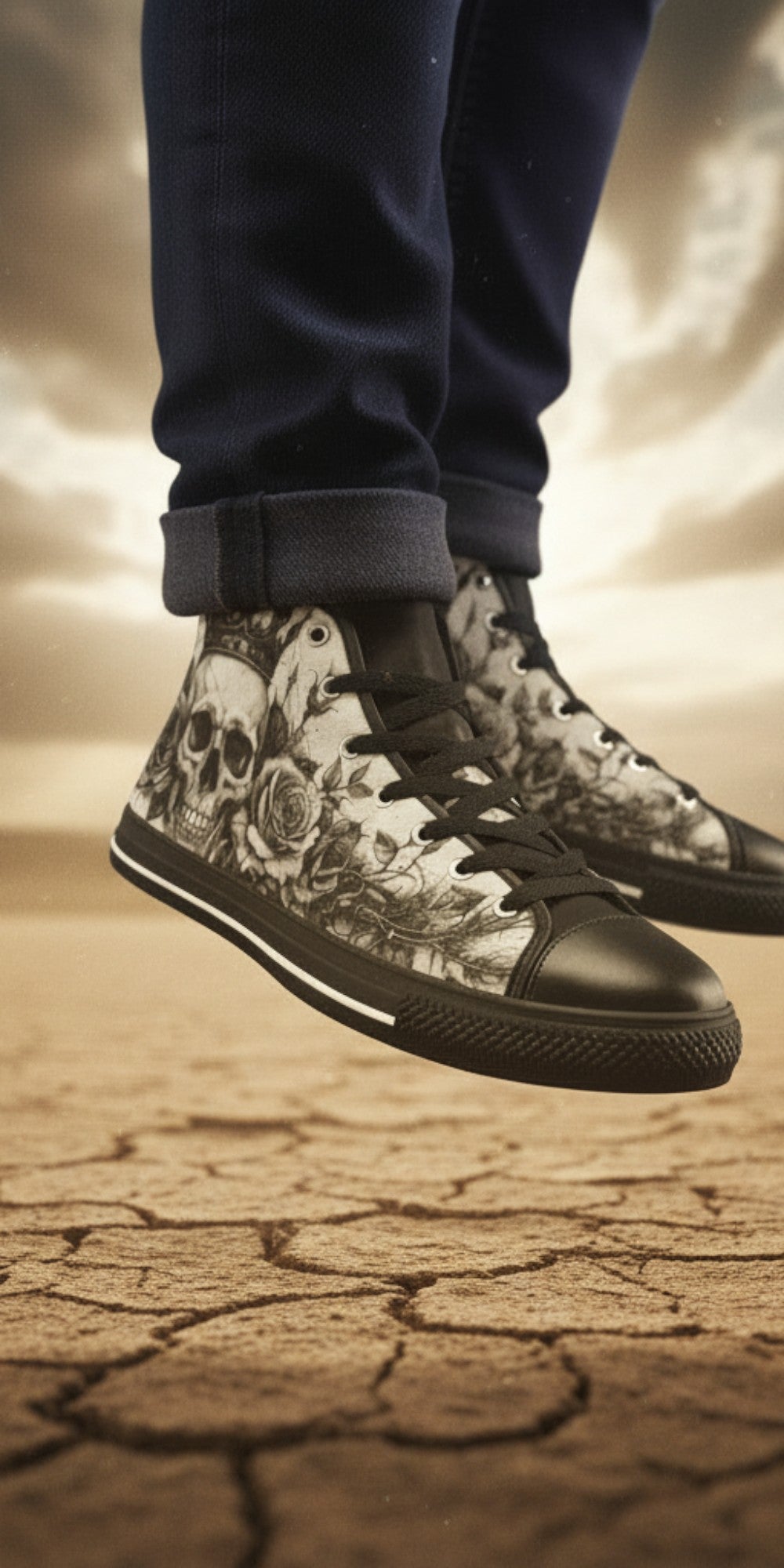Freaky Shoes® men's gothic high top canvas sneakers featuring a black and white skull and rose art print.
