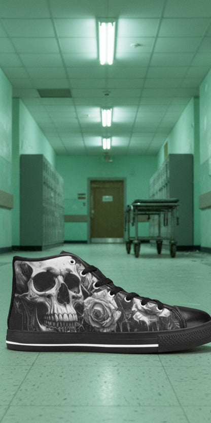 Men's Grey Skull Rose Monochrome Gothic hand-made high-top canvas shoes — unique wearable art by Freaky Shoes