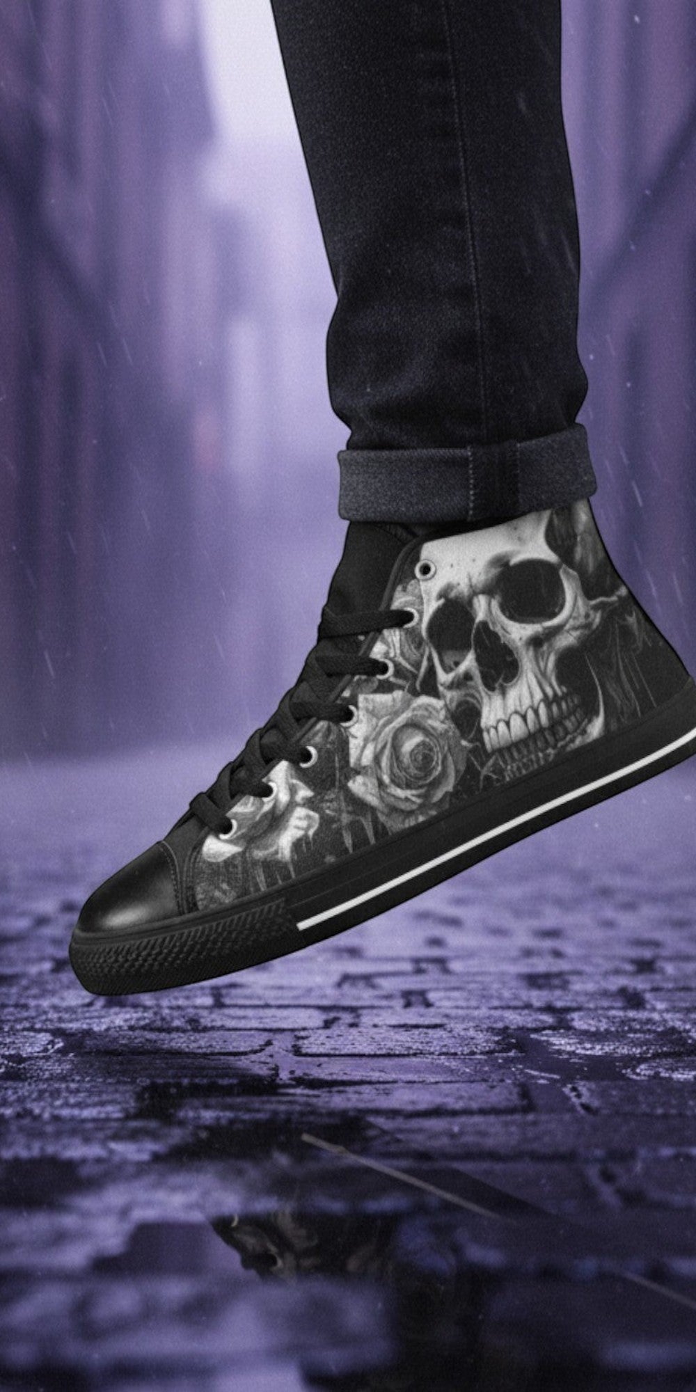 Freaky Shoes® Gothic high-top canvas sneakers featuring a black and white skull and rose print on a rainy street.