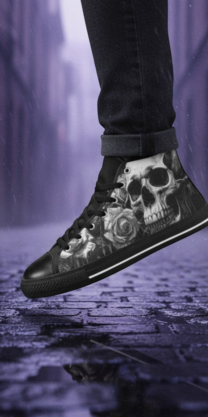Freaky Shoes® Gothic high-top canvas sneakers featuring a black and white skull and rose print on a rainy street.