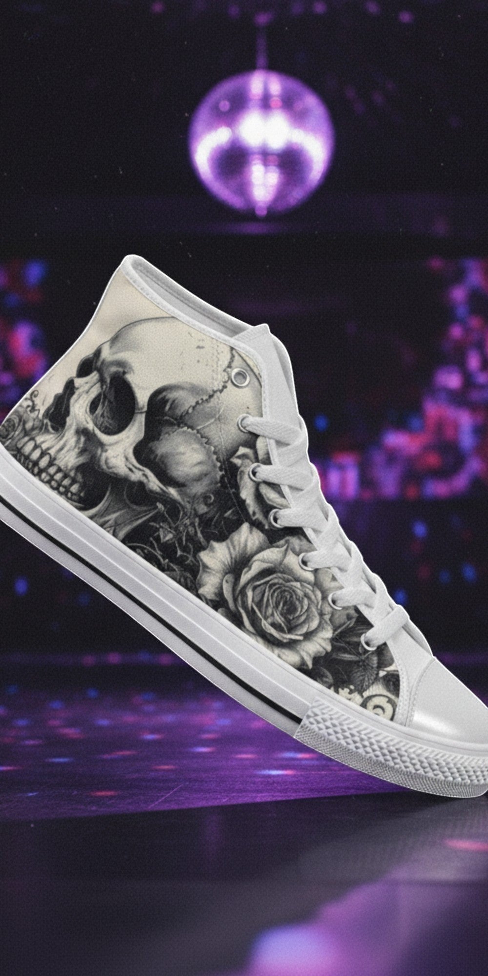 Women's Gothic Skull Art Dark Rose Collection hand-made high-top canvas shoes — unique wearable art by Freaky Shoes