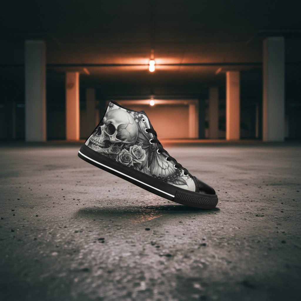 Women's Grey Gothic Rose Skull Dark Art high-top canvas shoes — one-of-a-kind custom printed art, Freaky Shoes