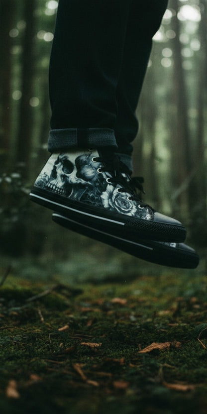 Freaky Shoes® Gothic skull and rose print high top canvas sneakers worn in a moody, dark forest setting.