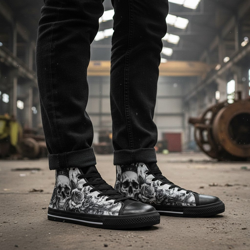 Freaky Shoes® men's high-top canvas sneakers featuring a dark gothic skull and rose print in an industrial setting.