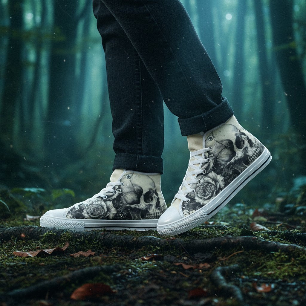 Freaky Shoes® women's high-top canvas sneakers featuring a gothic skull and dark rose art print in a forest setting.