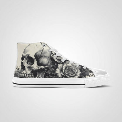 Freaky Shoes® women's high-top canvas sneakers featuring a gothic black and white skull and rose art print