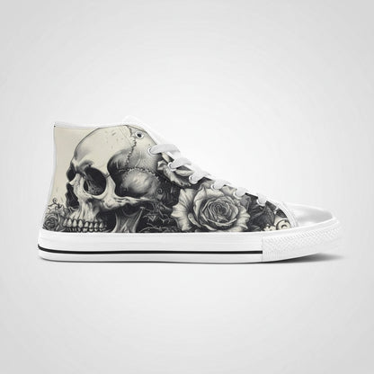 Freaky Shoes® women's high-top canvas sneakers featuring a black and white gothic skull and rose art print