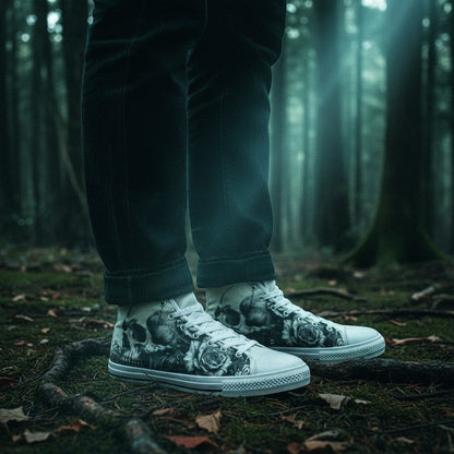 Freaky Shoes® high-top canvas sneakers featuring a gothic skull and dark rose print in a misty forest setting.