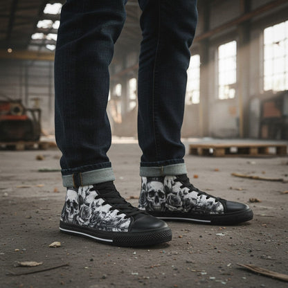 Freaky Shoes® men's high-top canvas sneakers featuring a black and white gothic skull and rose art print