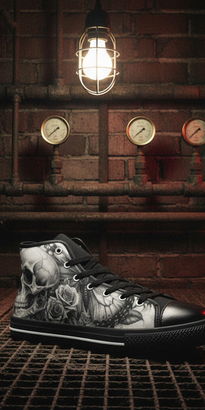 Men's Skull Rose Dark Greyscale Gothic custom high-top canvas shoes — wearable art by Freaky Shoes