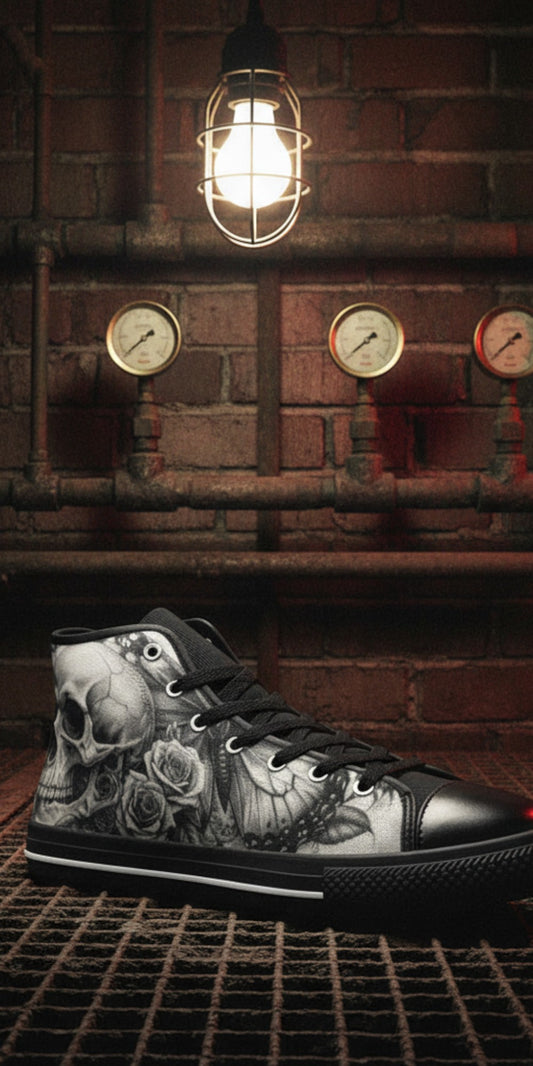 Freaky Shoes® women's gothic high top canvas sneakers featuring a greyscale skull and rose print on a metal grate.