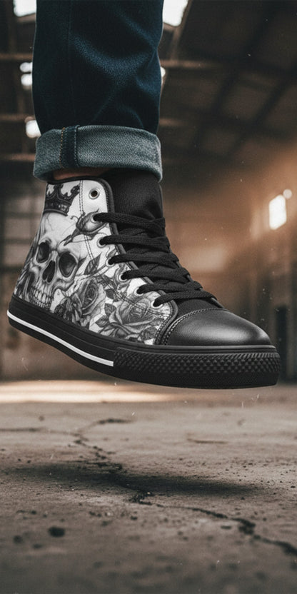 Freaky Shoes® gothic high top canvas sneakers featuring a black and white skull and rose art print