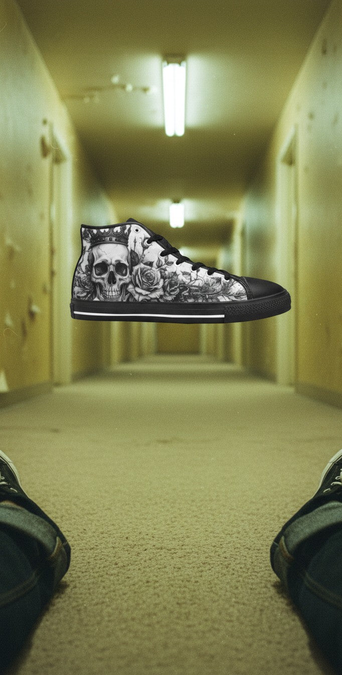 Freaky Shoes® women's gothic high top canvas sneakers featuring a grey skull and rose print with black rubber soles.