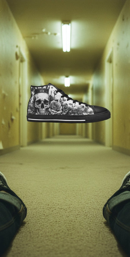 Freaky Shoes® women's gothic high top canvas sneakers featuring a grey skull and rose print with black rubber soles.