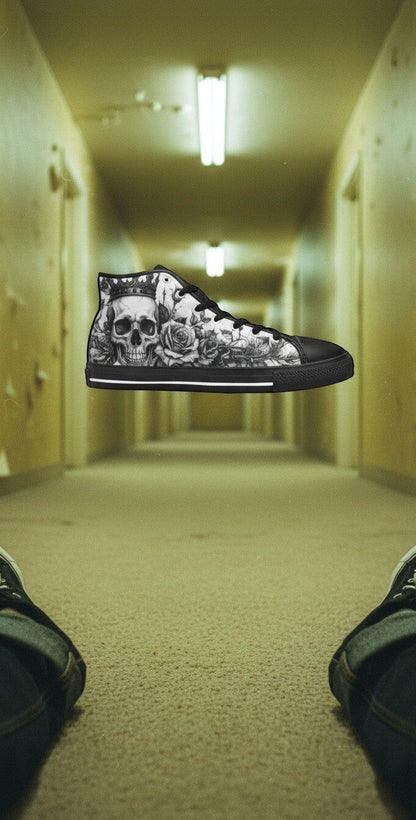 Custom Women's Grey Skull & Roses Gothic high-top canvas shoes with bold all-over art — Freaky Shoes