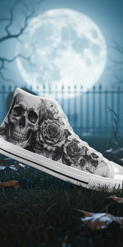 Men's Gothic Dark Skull Art hand-made high-top canvas shoes — unique wearable art by Freaky Shoes
