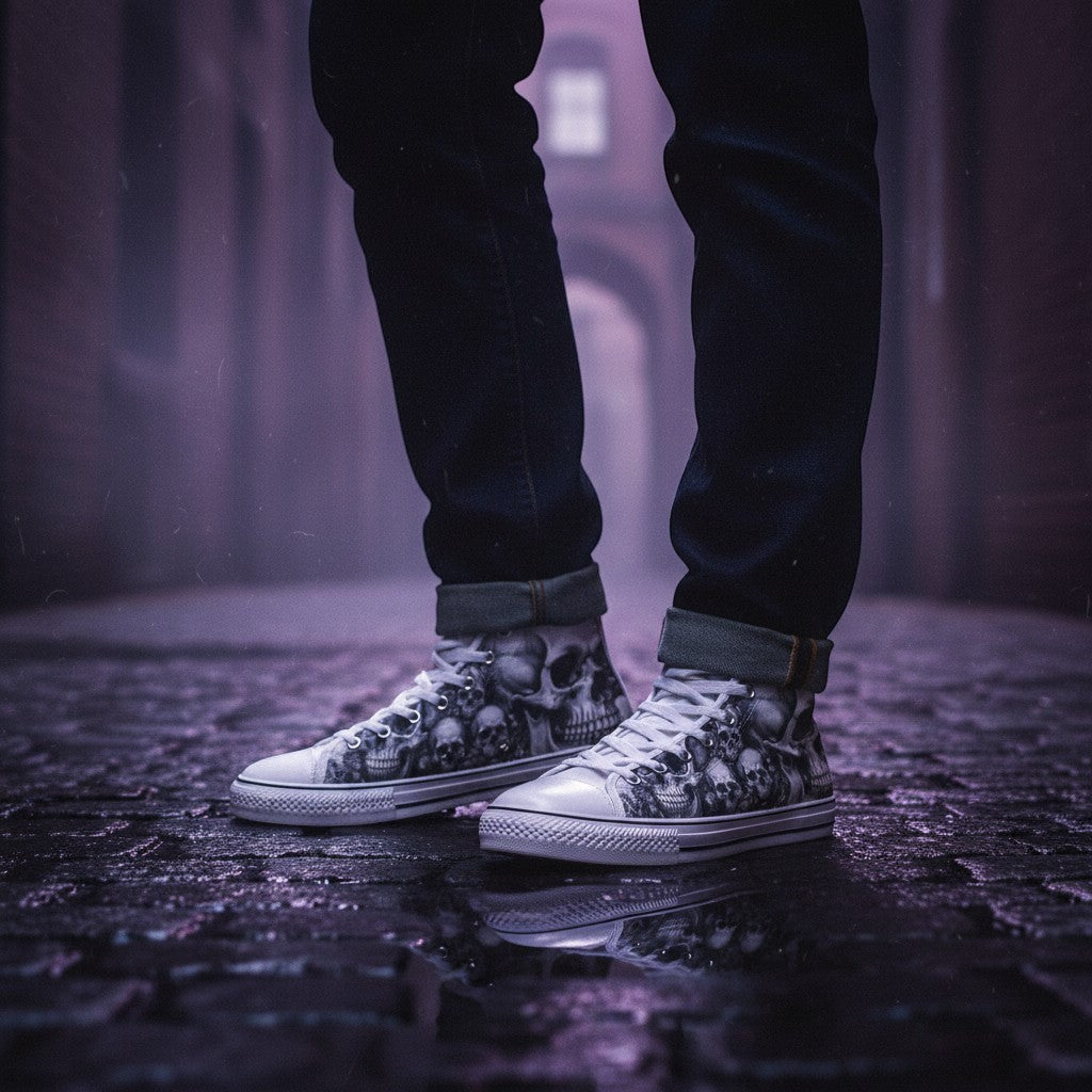 Freaky Shoes® women's high-top canvas sneakers featuring a dark gothic skull and rose art print on a cobblestone street