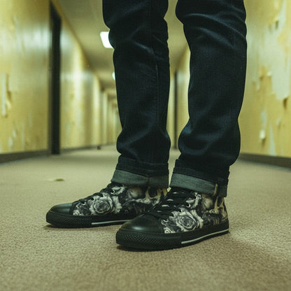 Freaky Shoes® high-top canvas sneakers featuring a gothic skull and rose dark art print worn with dark denim jeans