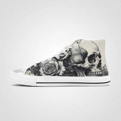 Freaky Shoes® women's high-top canvas sneakers featuring a black and white gothic skull and rose art print