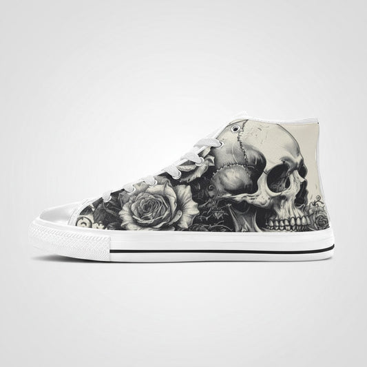 Freaky Shoes® women's high-top canvas sneakers featuring a black and white gothic skull and rose art print