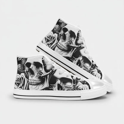 Freaky Shoes custom art sneakers with black and white skull and rose tattoo art, made to order