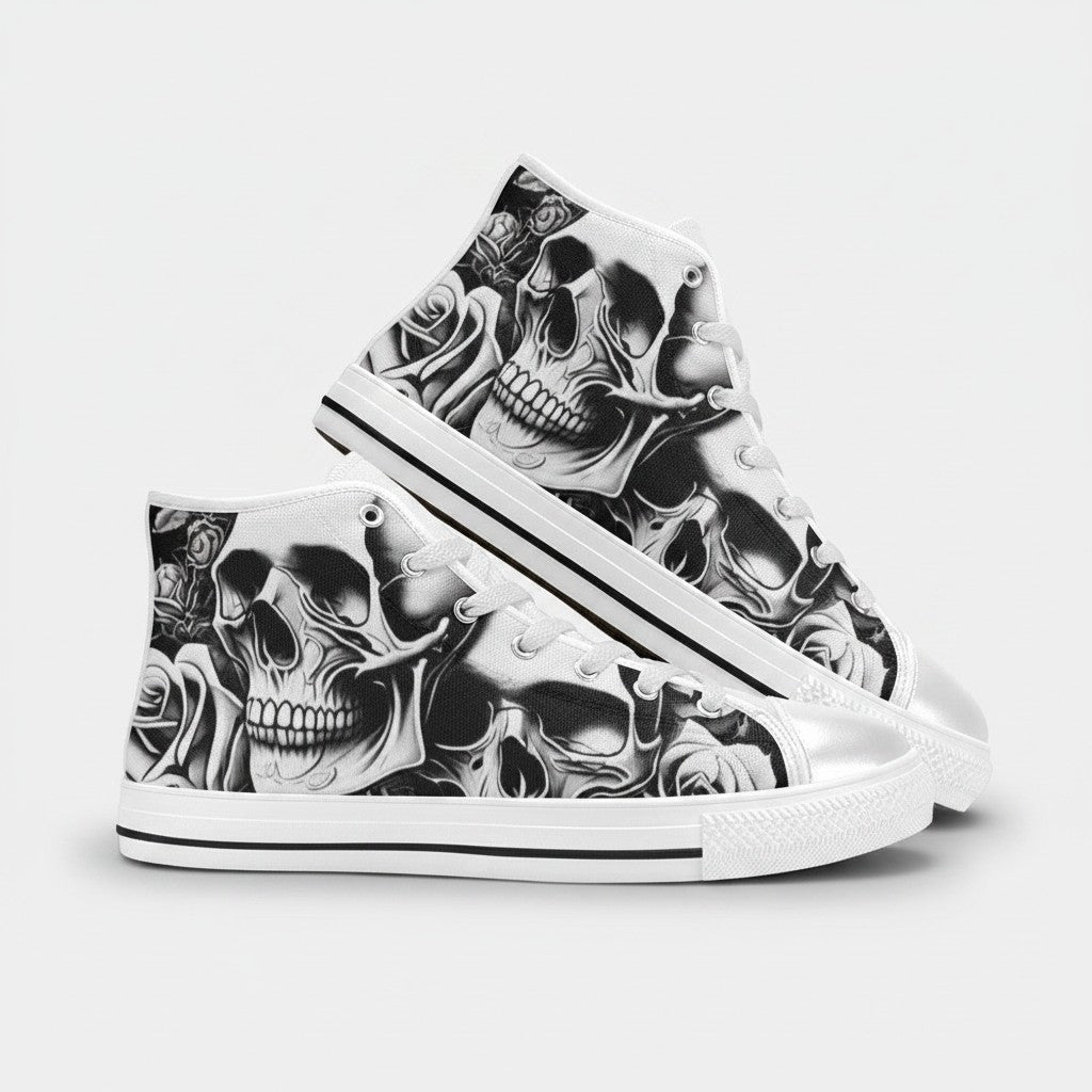 Freaky Shoes® women's high-top canvas sneakers featuring a black and white gothic skull and rose cartoon print.