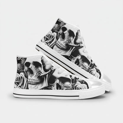 Freaky Shoes® women's high-top canvas sneakers featuring a black and white gothic skull and rose cartoon print.