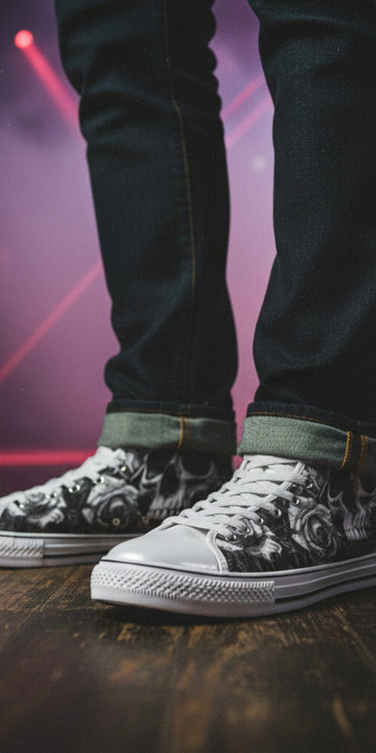 Freaky Shoes® gothic high top canvas sneakers featuring a black and white skull and rose print on a dark stage.