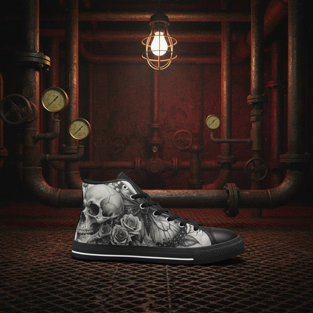 Men's Skull Rose Dark Greyscale Gothic hand-made high-top canvas shoes — unique wearable art by Freaky Shoes