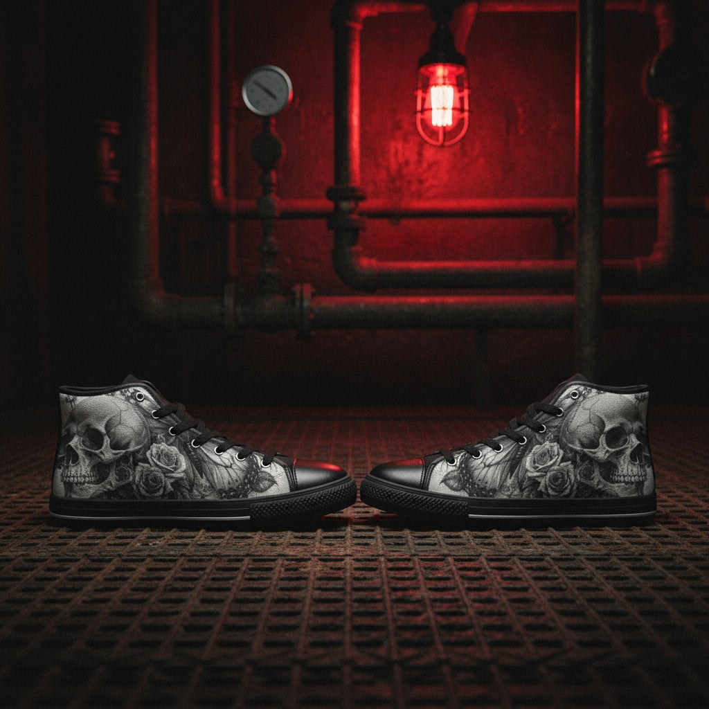 Men's Skull Rose Dark Greyscale Gothic high-top canvas shoes, custom full-wrap printed design — Freaky Shoes