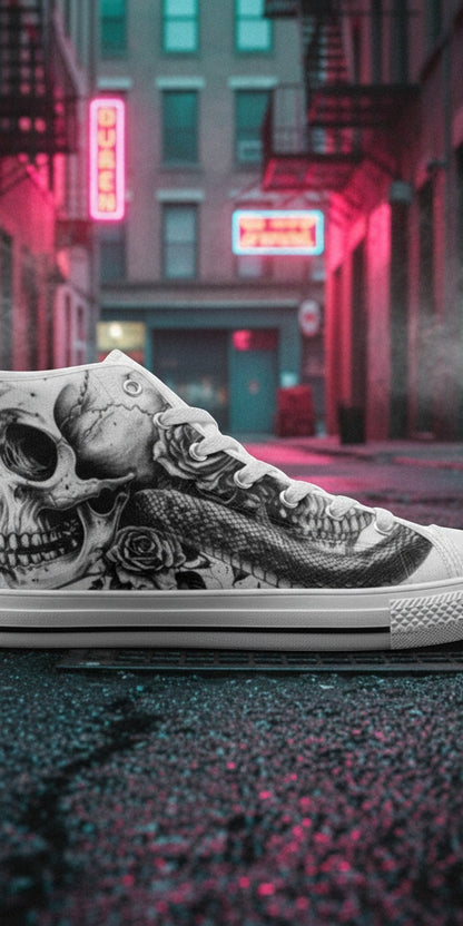 Custom Women's Gothic Skull Dark Art Rose high-top canvas shoes with bold all-over art — Freaky Shoes