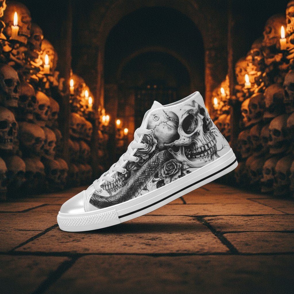 Men's Skull Rose Art Gothic Dark high-top canvas shoes, custom full-wrap printed design — Freaky Shoes