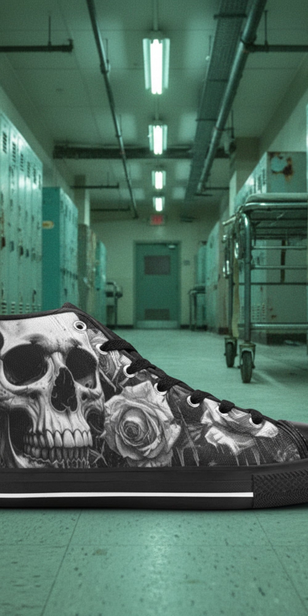 Men's Grey Skull Rose Monochrome Gothic high-top canvas shoes — one-of-a-kind custom printed art, Freaky Shoes