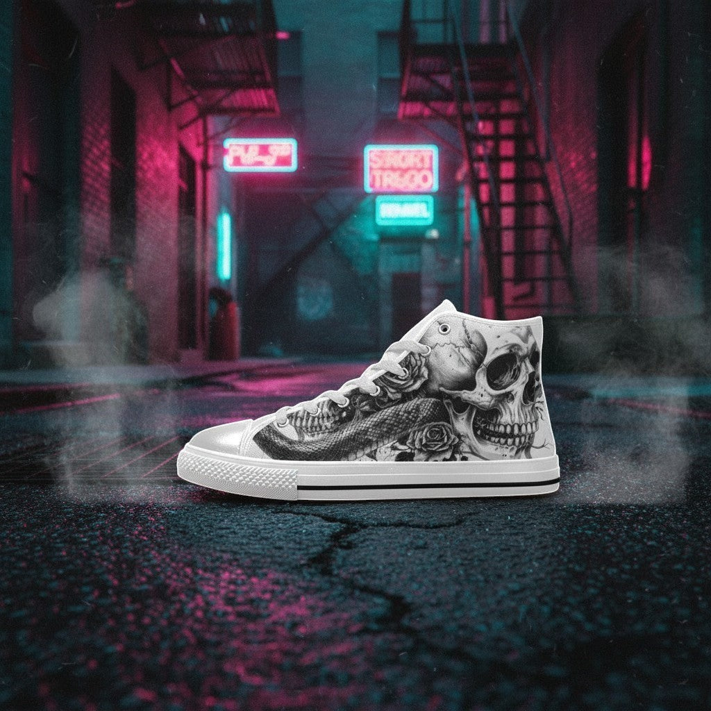 Women's Gothic Skull Dark Art Rose custom high-top canvas shoes — wearable art by Freaky Shoes