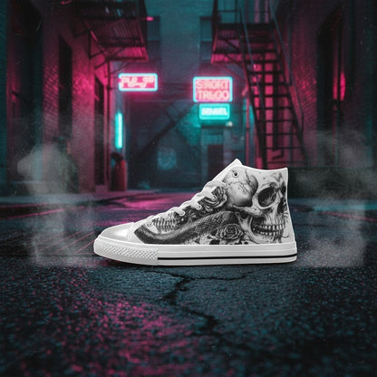 Women's Gothic Skull Dark Art Rose custom high-top canvas shoes — wearable art by Freaky Shoes