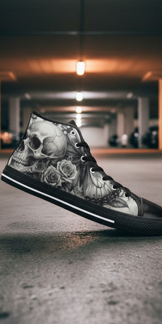 Freaky Shoes® grey gothic high top canvas sneakers featuring a detailed skull and rose print in a parking garage.