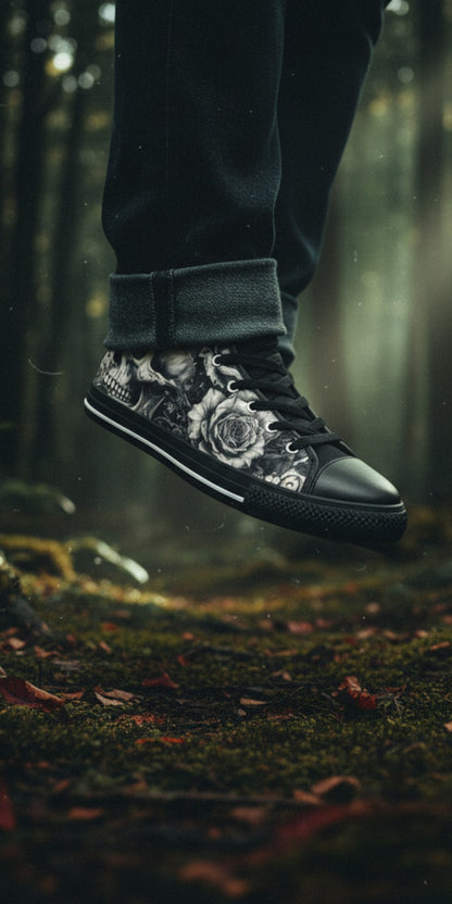 Freaky Shoes® gothic high top canvas sneakers featuring a black and white skull and rose print in a forest setting.