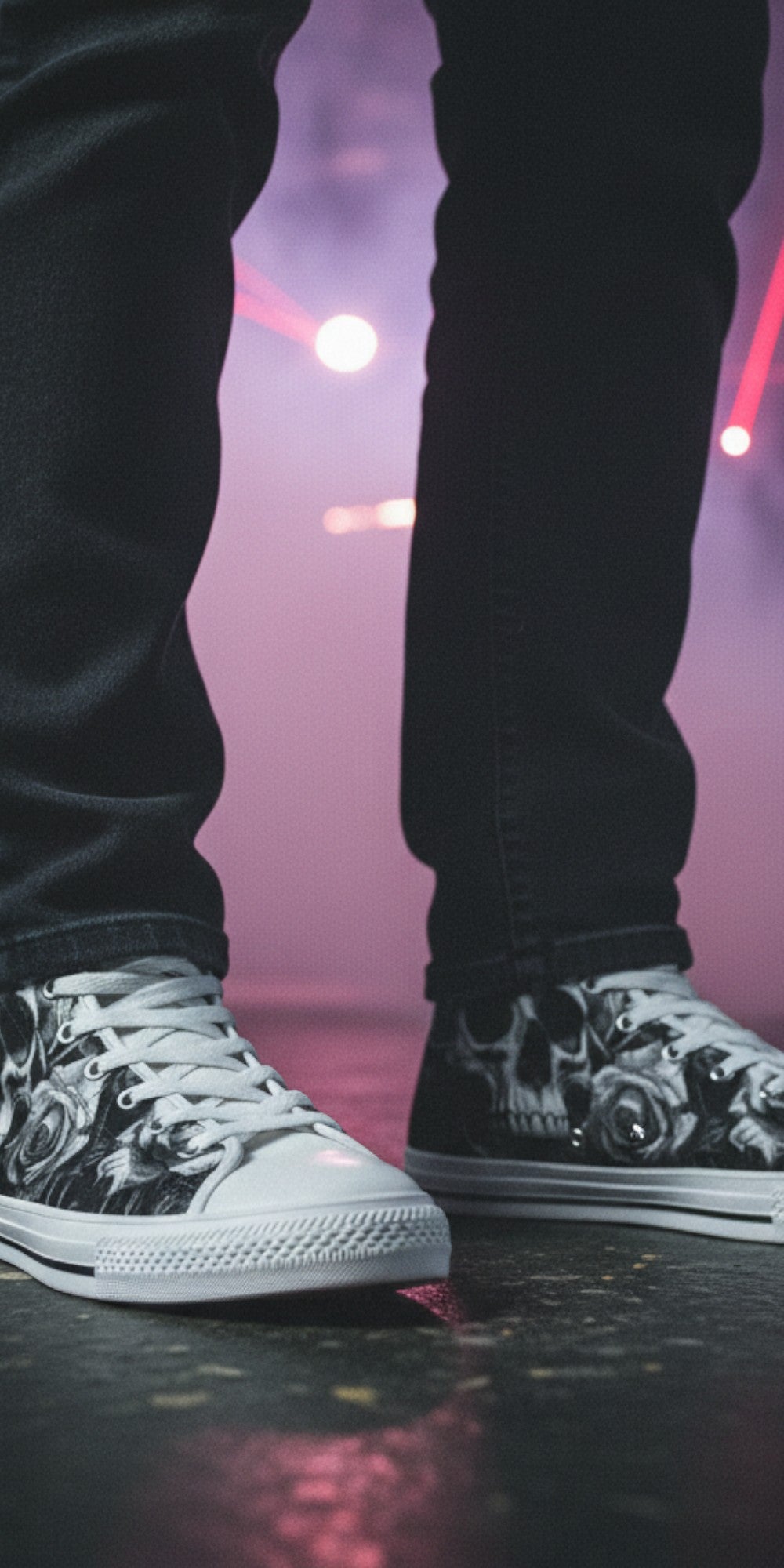Freaky Shoes® men's high top canvas sneakers featuring a black and white gothic skull and rose art print.