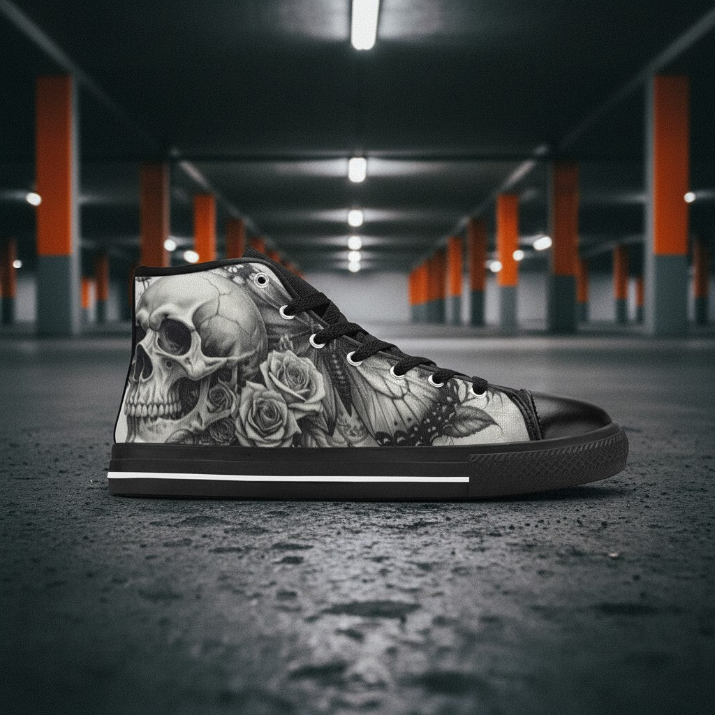 Women's Grey Gothic Rose Skull Dark Art high-top canvas shoes, custom full-wrap printed design — Freaky Shoes
