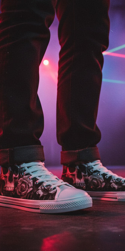 Freaky Shoes® men's gothic high top canvas sneakers with skull and rose print, worn in a neon-lit concert setting.